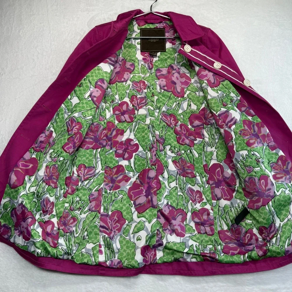 Coach Rain Coat Magenta Floral Lined Button Front Jacket Coat XS READ‎